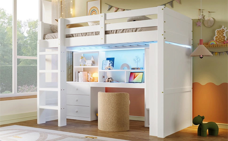 DESMIU Letto a soppalco per bambini 90 × 200 cm 1 posto con LED, armadio, scrivania e cassetti, senza materasso, bianco