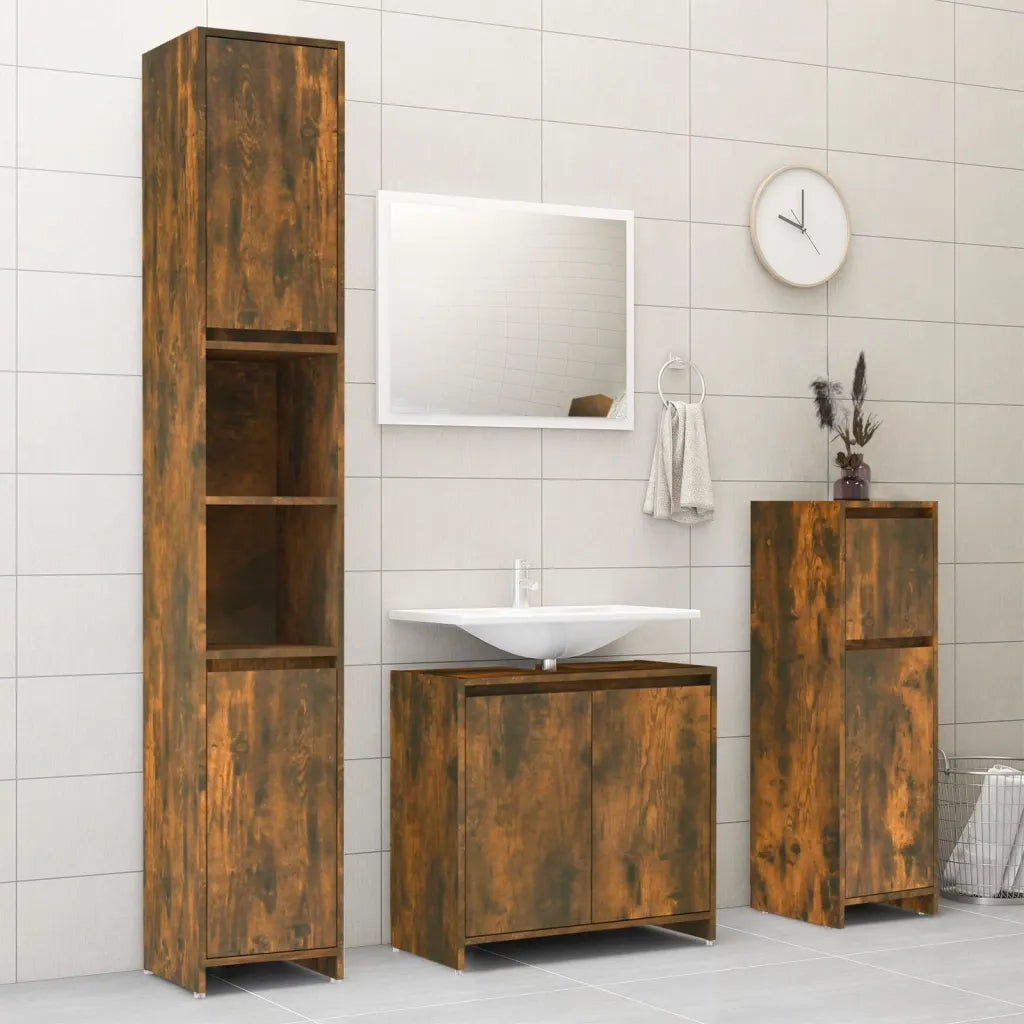 Armadietto Bagno | Armadio da bagno Rovere Fumo 30x30x95 cm in Legno Multistrato