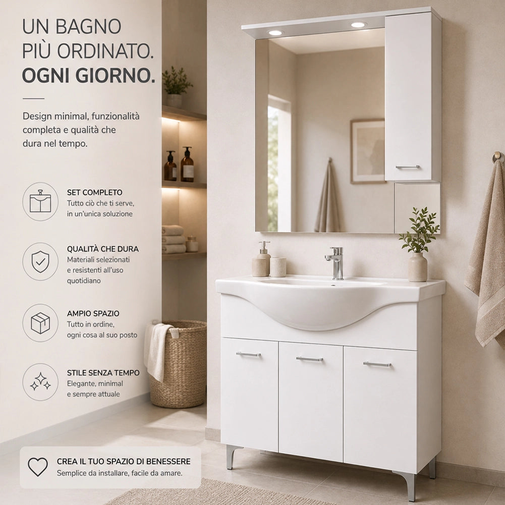 Set Completo Mobile da Bagno da Terra 101cm Tre Ante Bianco Specchio e Accessori
