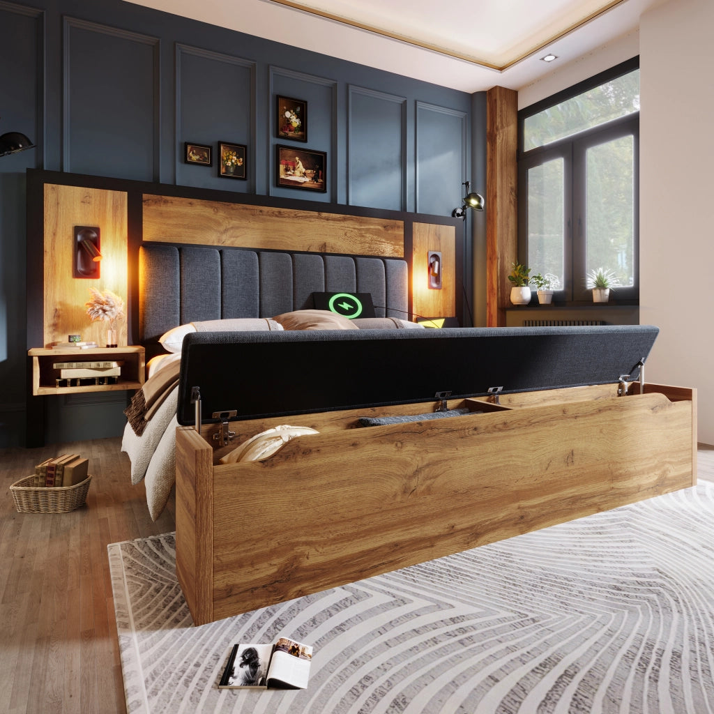 LETTO matrimoniale 180x200 cm Rovere con comodini, luci lettura e panca contenitore