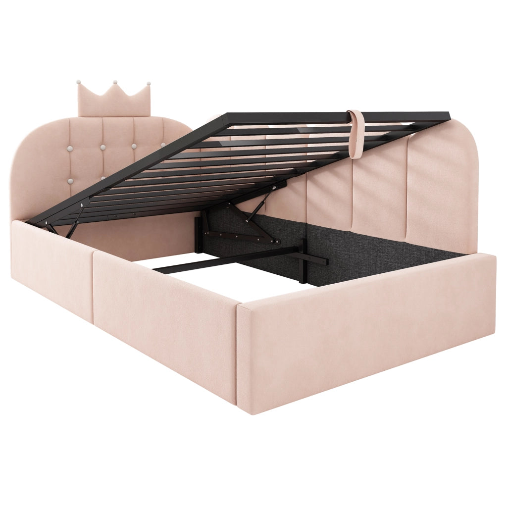 Letto contenitore a giorno in velluto rosa 90x200 cm con design a corona e struttura L