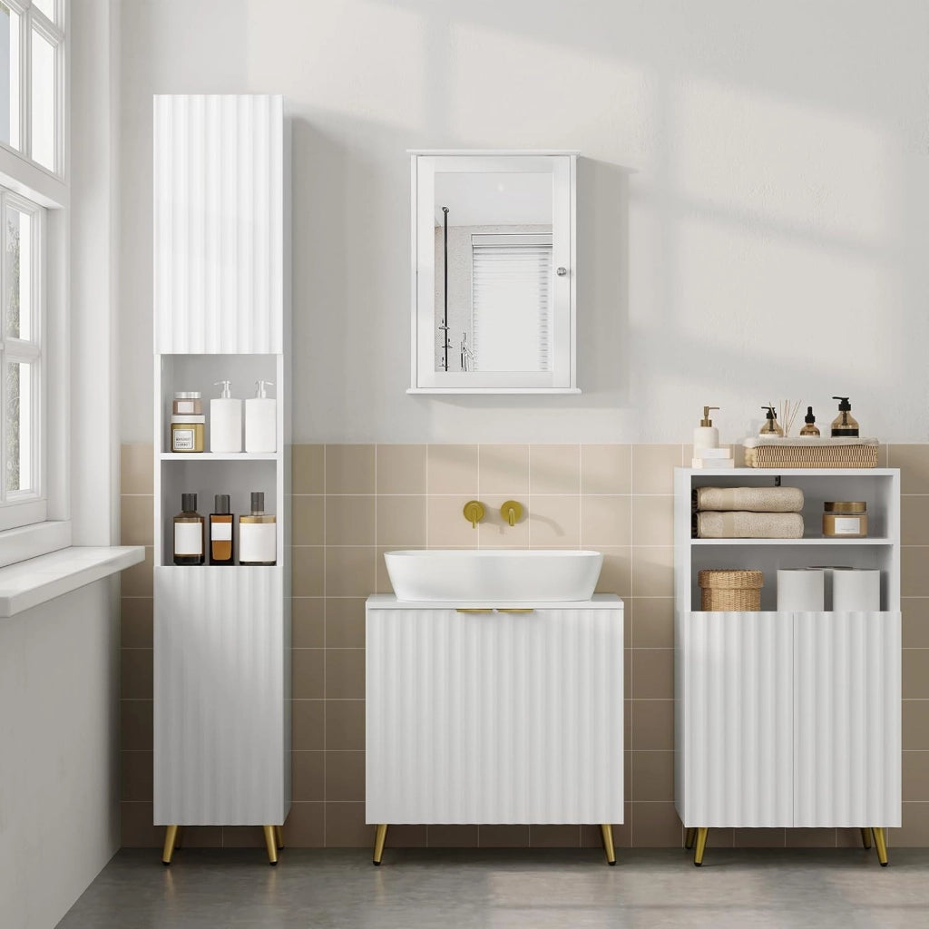 Mobile da Bagno, Armadietto da Terra Mobiletto, 50 x 30 x 93 cm, Mobiletto Bagno Salvaspazio, Ripiano Regolabile e Porte, per Soggiorno, Cucina, Corridoio, Bianco SBP0097