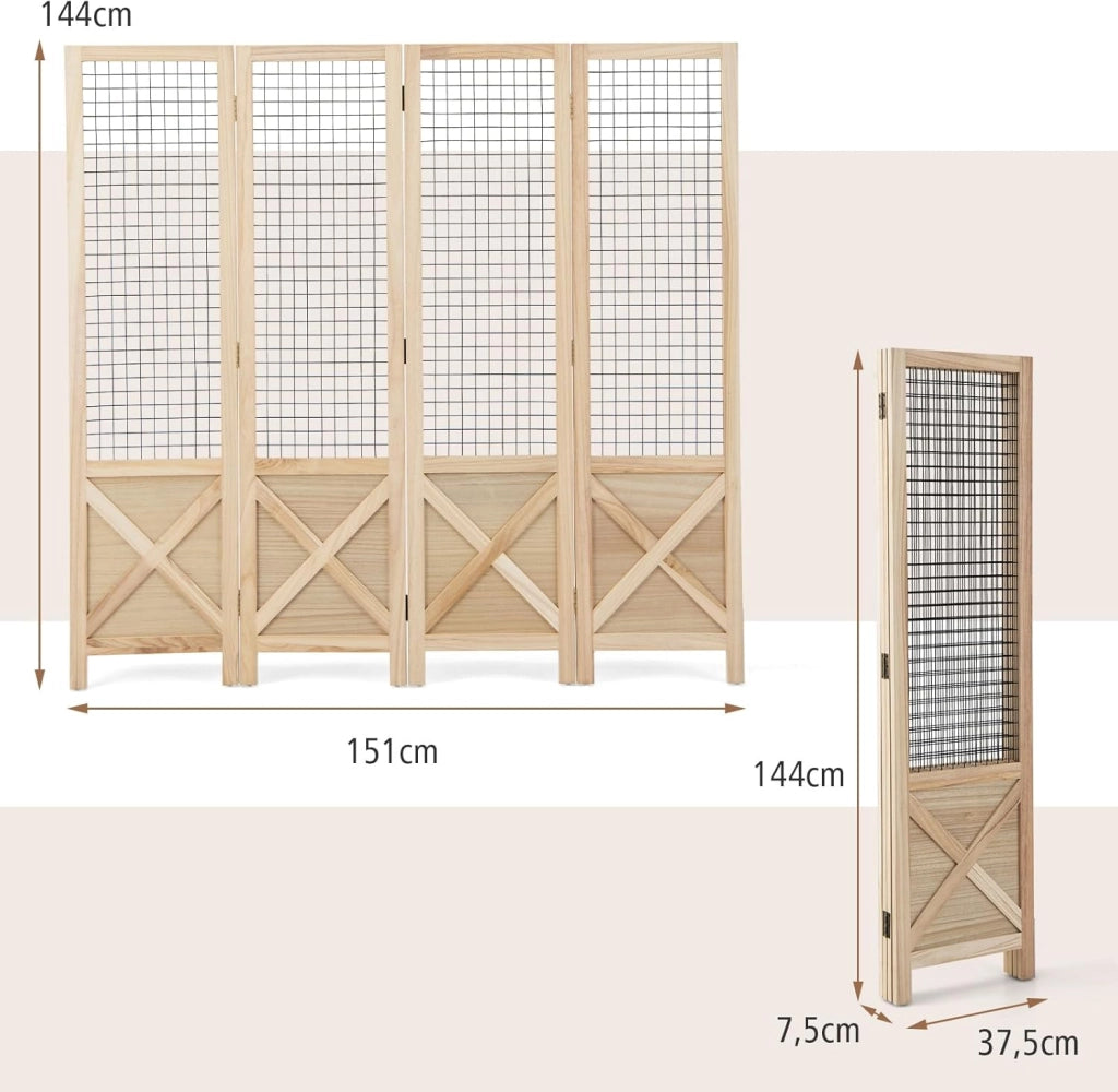 Paravento a 4 Pannelli, Separé Divisorio Interno Pieghevole, Pannelli Divisori a Griglia in Legno per Casa, Ufficio, Fiera dell'Artigianato, Vendita al Dettaglio, Eventi