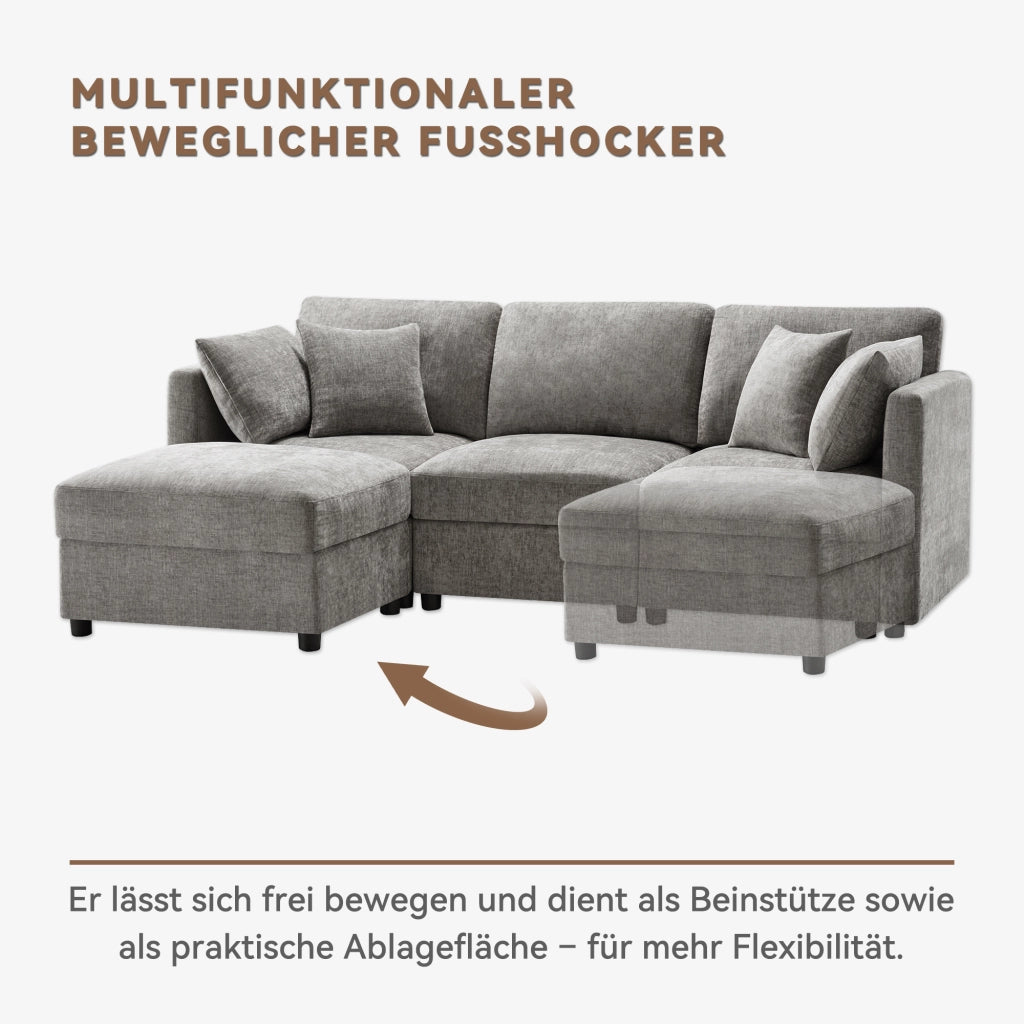 Divano angolare 3-4 posti con pouf e 4 cuscini, braccioli regolabili, in ciniglia, grigio