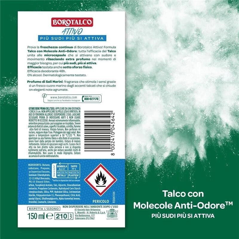 BOROTALCO DEODORANTE SPRAY BLU NO ALCOOL CON TALCO MOLECOLE ANTI ODORE 150 ML SALI MARINI