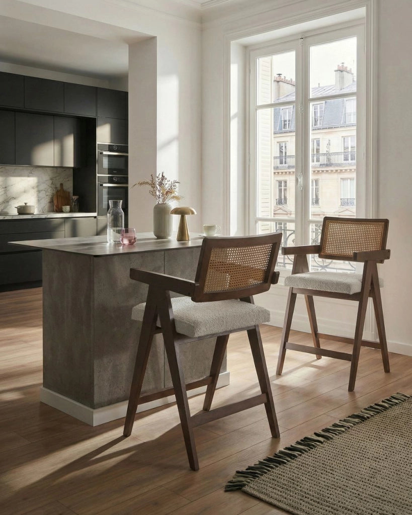 Set di 2 sedie da bar marrone e beige chiaro con struttura in legno di caucciù e sedile in bouclè Cucina da pranzo retrò
