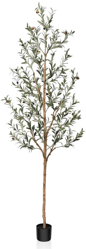 Kunstolijfboom, 210 cm con tronco di legno naturale e frutta realistica per decorazione domestica e uffici - Grande pianta d'arte per uso interno, 1 confezione