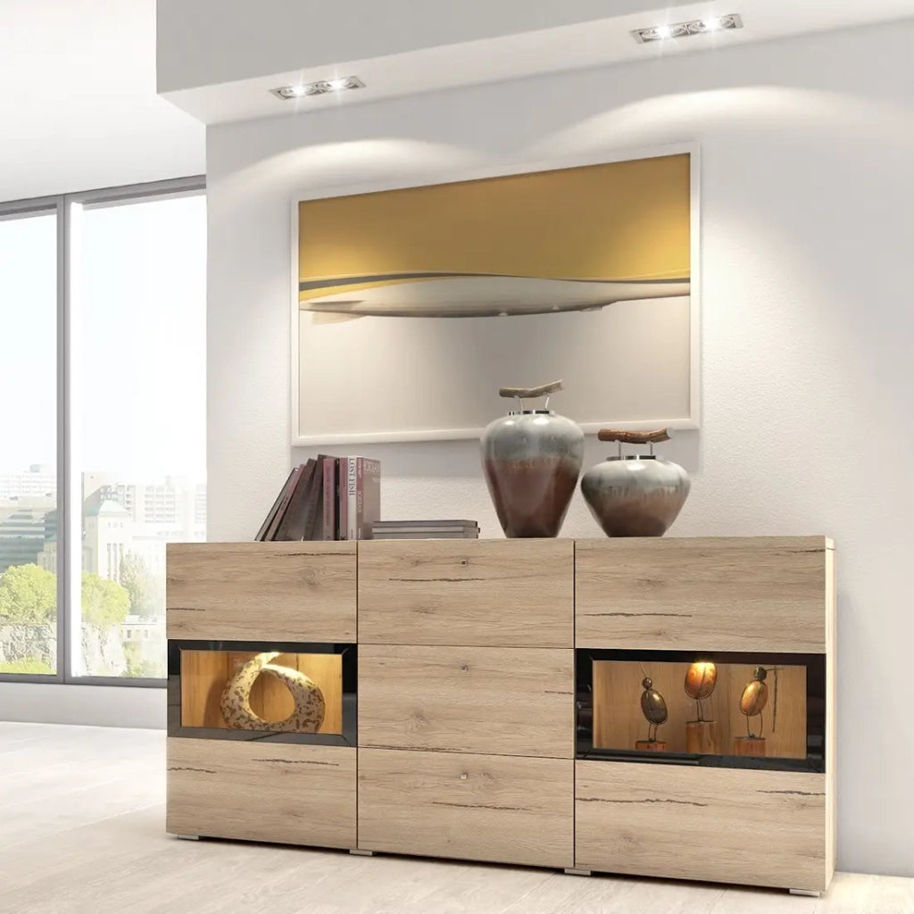 Buffet RAMOS – Rovere e nero – LED multicolori integrate – 2 porte in vetro + 3 cassetti - Stile contemporaneo