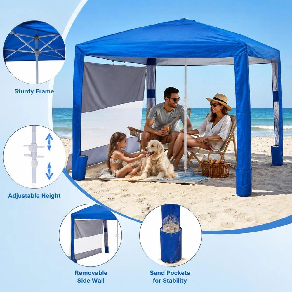 Beach Cabana, 2.4 X 2.4 M Beach Tent With Side Wall, UPF 50+ Sun Protection, Beach Pavilion With Sandbags, Height-adjustable & Portable Sunshade For Family And Friends, Blue