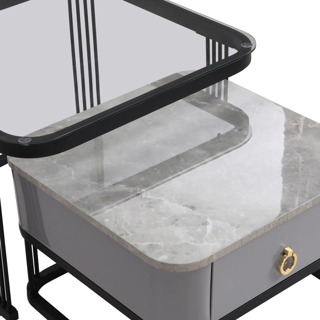 Tavolini da salotto 60x60x44.5 cm e 50x50x34.5 cm; design modulare con cassetti; MDF; nero