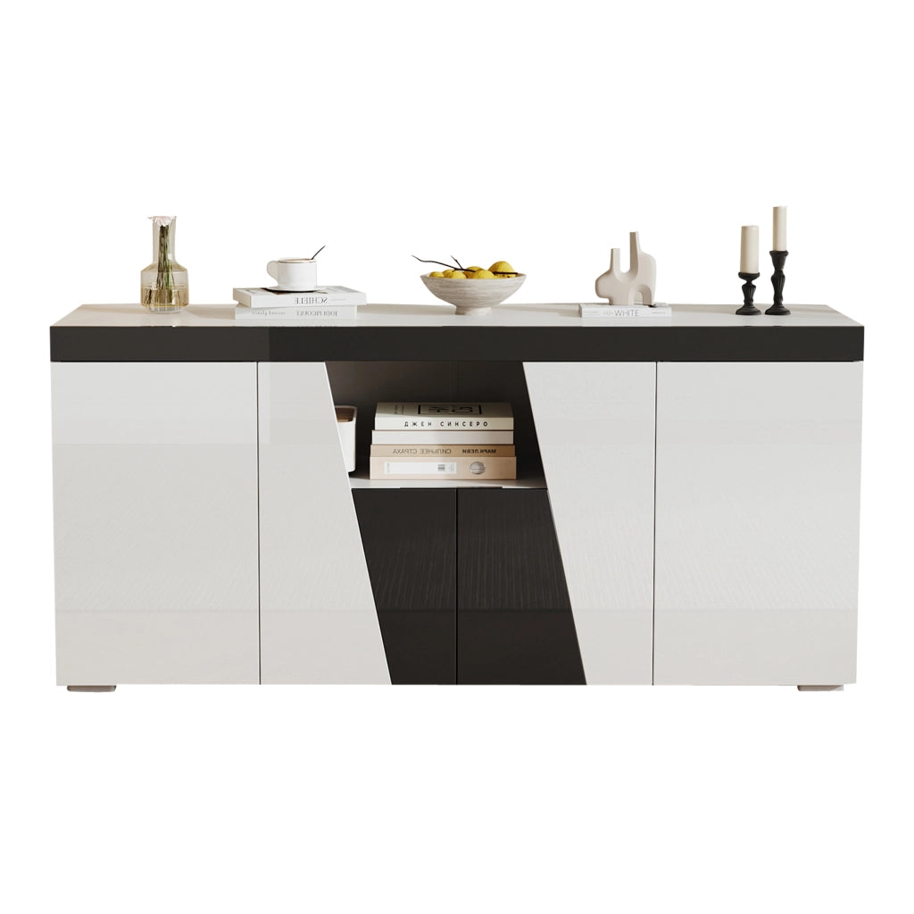 Mobile TV moderno con LED - Zephmum - 140x40x65 cm - Bianco e nero - Design angolato, 3 ante