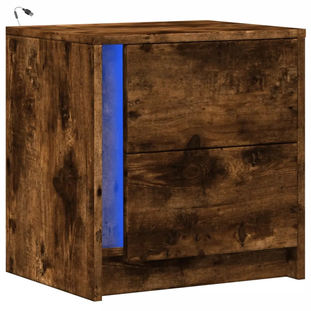 Comodino con Luci LED Rovere Fumo in Legno Multistrato