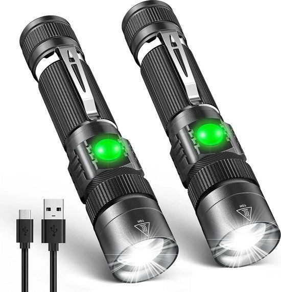 Zaklamp LED USB 2 pezzi - Estremamente luminoso - IP65 impermeabile - Zoomabile - Per bambini camping emergenza - Alluminio con batteria - 4 modalità - camminare outdoor