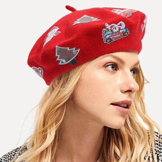 Cappello di lana rossa, stile natalizio, cappuccio caldo per donne (rosso)