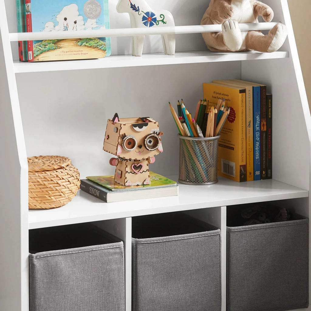 Libreria per bambini con vani portaoggetti e 3 scatole Scaffale per giocattoli Scaffale per bambini Organizzatore di giocattoli 63x28x80 cm GRIGIO KMB34-W