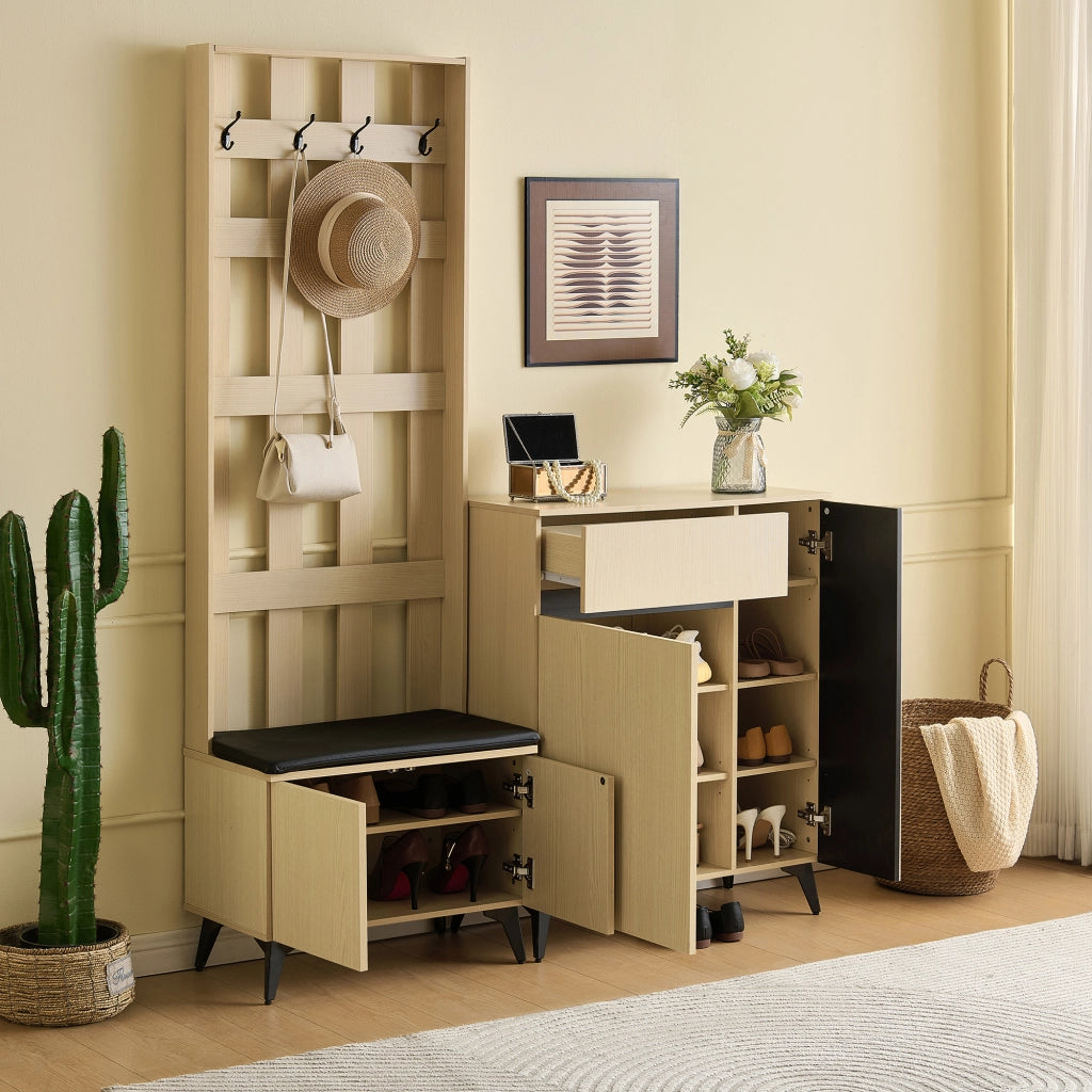 Mobili d'ingresso con panca; 4 ganci; 2 ante; 1 cassetto e ripiani regolabili; per ingresso e camera; legno; MDF