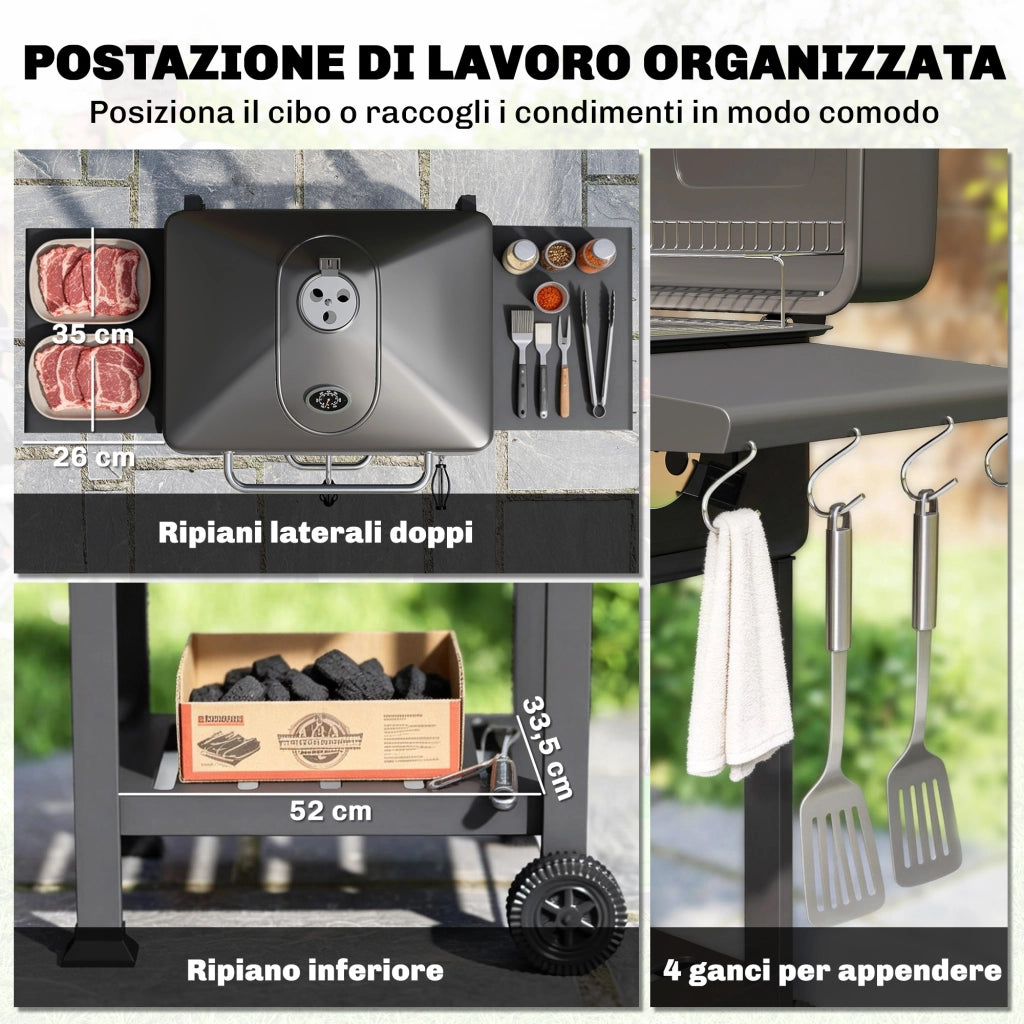 Barbecue a Carbone, Affumicatore Portatile con Ventilazione, Termometro e Mensole Laterali, Nero