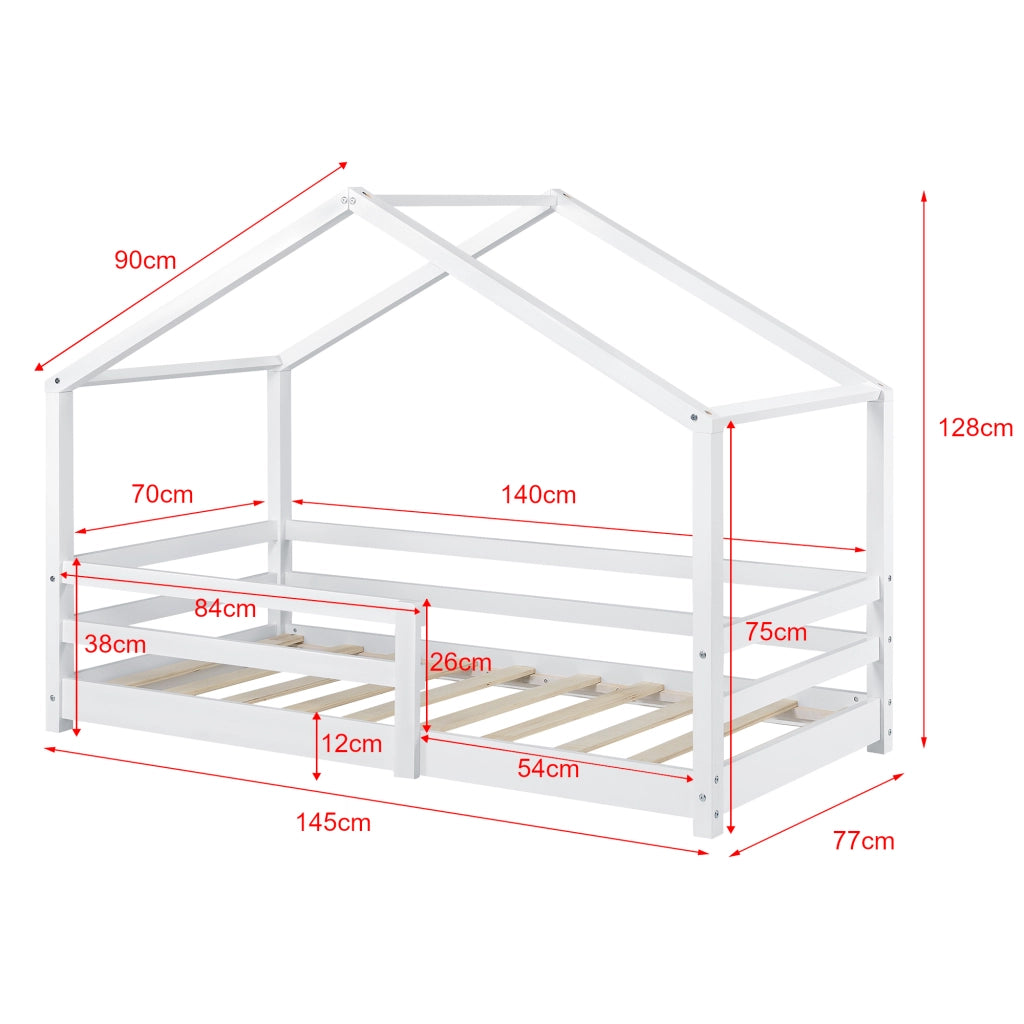 Letto per Bambino a Forma di Casetta con Barriere di Sicurezza e Materasso Ortopedico 70 x 140 cm Lettino in Legno di Pino con Sponde - Bianco