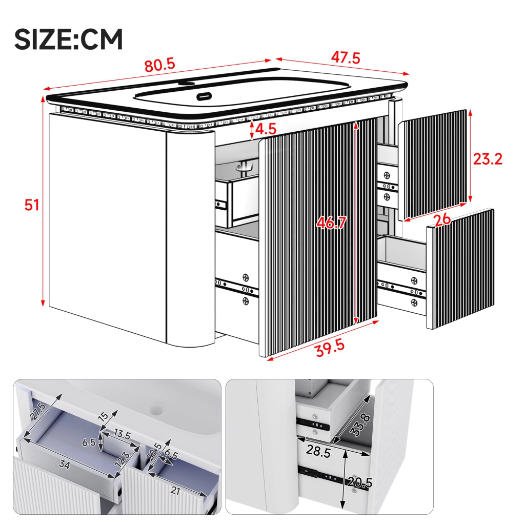 Mobile sottolavabo sospeso con 4 cassetti; luce LED con sensore; struttura verticale; per bagno; 80.5 × 47.5 × 51 cm