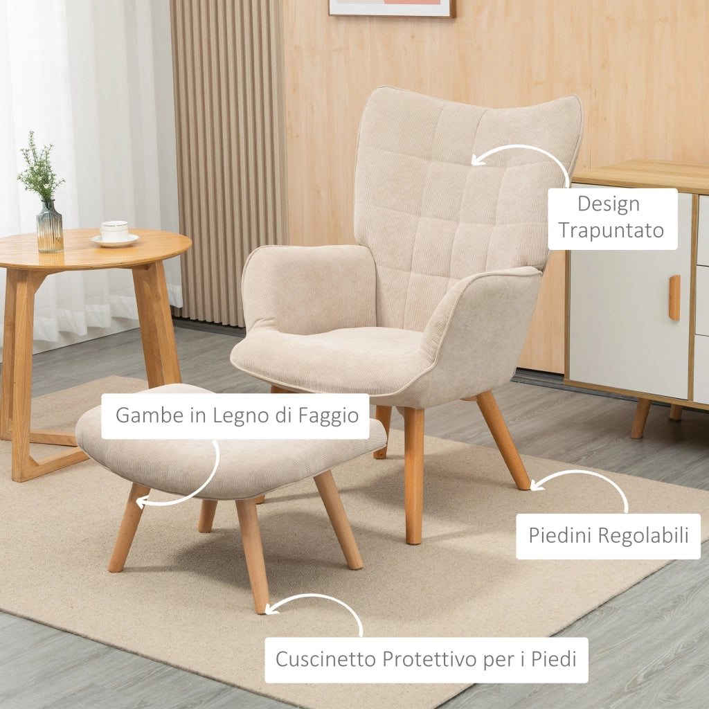 Poltrona Relax con Pouf Poggiapiedi in Velluto a Costine con Schienale Alto e Braccioli, Beige