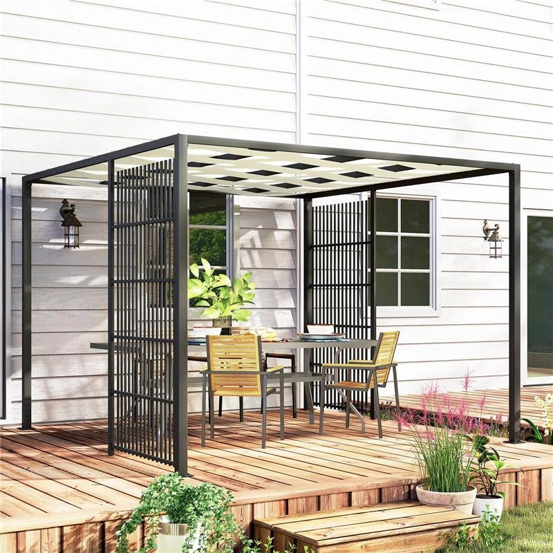 PERGOLA PER ESTERNO 3X3 M CON COPERTURA ONDULATA E PANNELLI LATERALI IN METALLO E POLIESTERE NERO