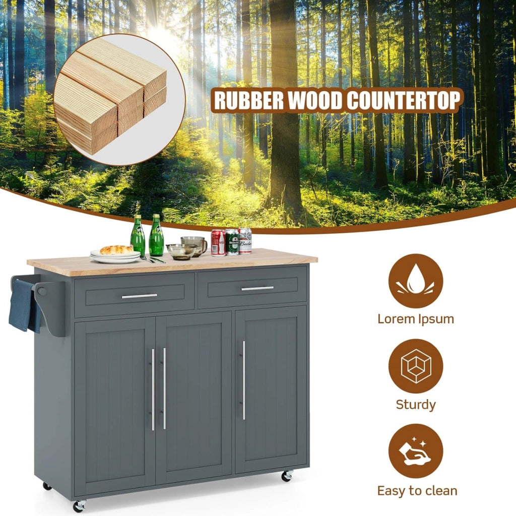 Isola di cucina mobile, carrello da cucina con ruote, 2 cassetti, armadi, portasciugamani e supporto per coltelli, ripiani regolabili, piano di lavoro in legno gomma, 121,5 x 45,5 x 92,5 cm