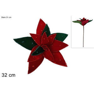 STELO FIORE DECORATIVO 32CM IN VELLUTO CON BORDO GLITTER ROSSO/VERDE DI DUEESSE