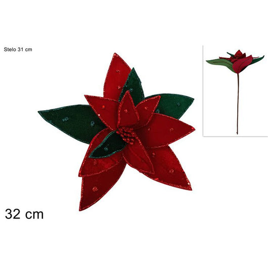 STELO FIORE DECORATIVO 32CM IN VELLUTO CON BORDO GLITTER ROSSO/VERDE DI DUEESSE