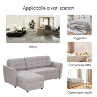 Divano Letto 3 Posti con Chaise Longue Contenitore 217x134x85 cm in Tessuto Effetto Lino Grigio