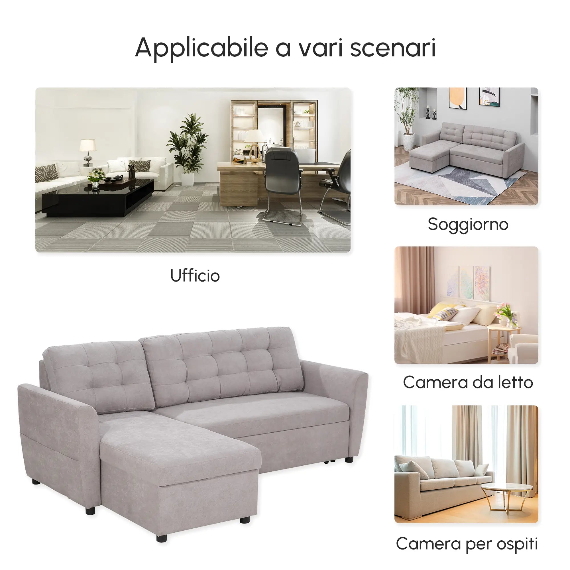 Divano Letto 3 Posti con Chaise Longue Contenitore 217x134x85 cm in Tessuto Effetto Lino Grigio