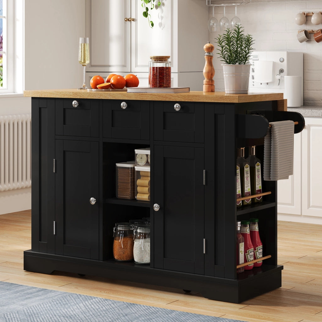 Isola da cucina mobile con piano ribaltabile, 3 cassetti, ante, prese integrate e ruote, effetto legno naturale/nero