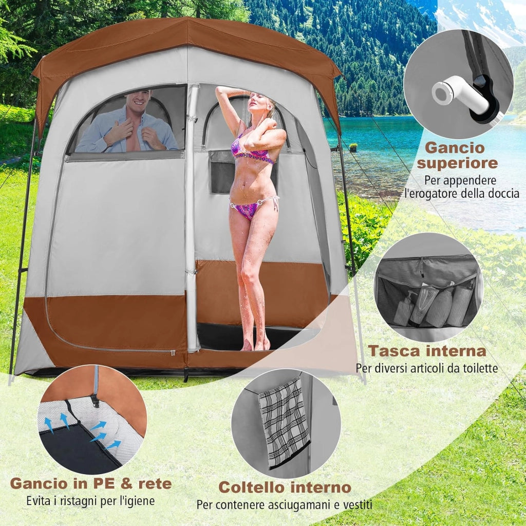 Tenda Spogliatoio da Esterno a 2 Stanze, Tenda da Doccia da Campeggio con Parapioggia Rimovibile, Stendibiancheria e Borsa, Tenda per WC Doccia per Campeggio, Spiaggia e Pesca
