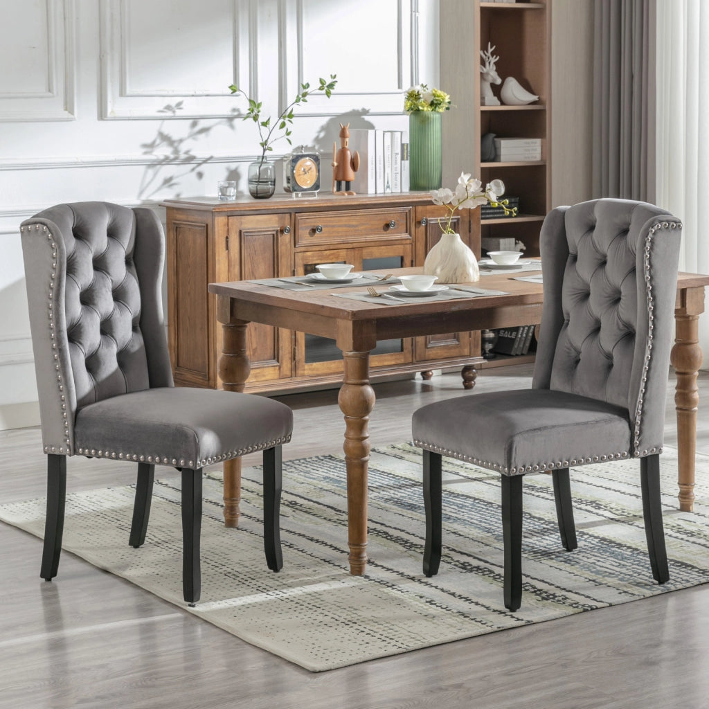 Set di 2 sedie da pranzo in velluto grigio con gambe in legno di quercia, stile moderno