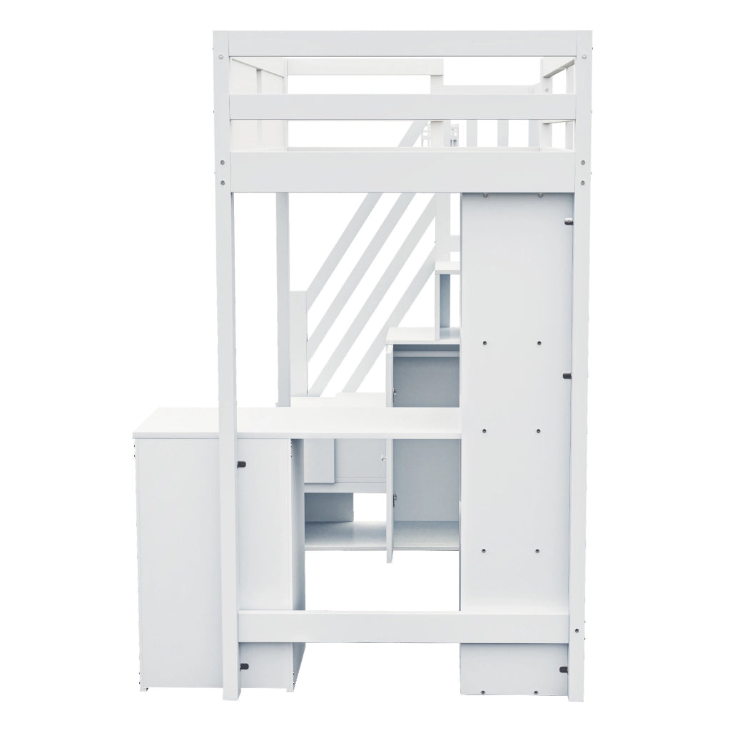 Letto a soppalco con scrivania; cassetti e armadi; 90 x 200 cm; legno; bianco