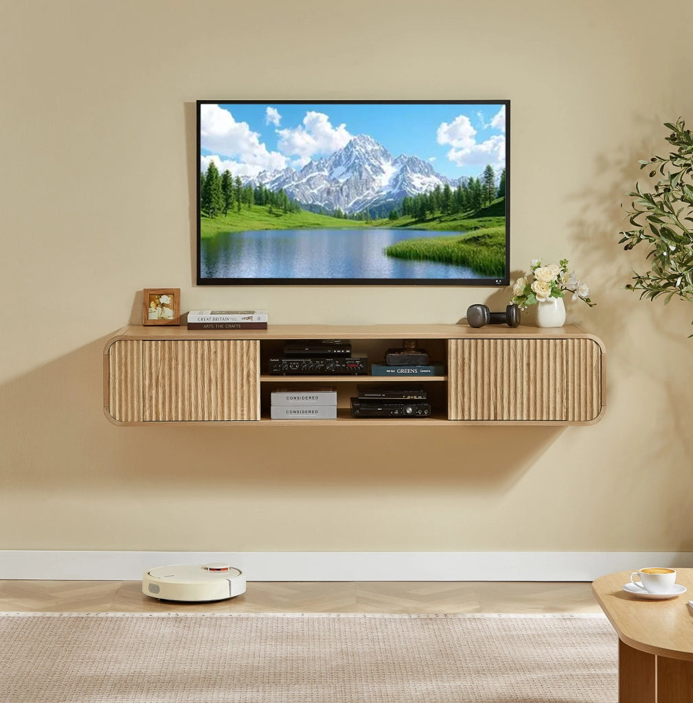 Mobile TV sospeso 160 cm naturale con vani aperti e passacavi