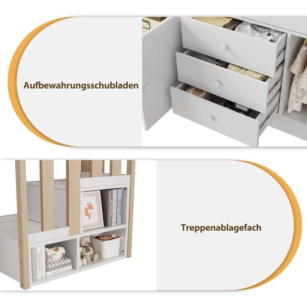 Letto a soppalco per bambini 90x200 cm con scale; 2 armadi; cassetti e asta appendiabiti; bianco