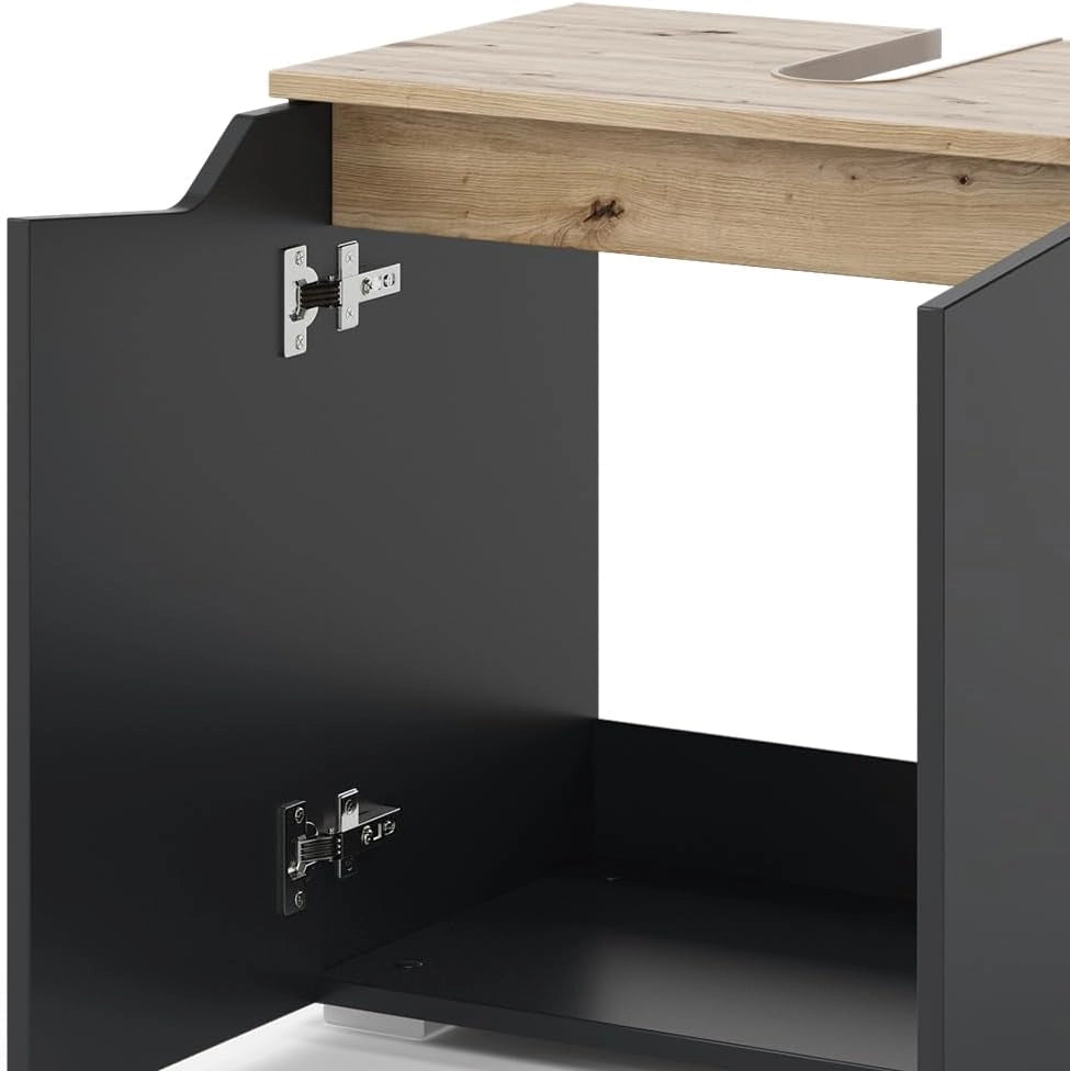 Mobiletto per lavabo Marelle, Antracite/Artisan, 60 x 57.5 cm con 2 porte, con ritaglio per sifone per il montaggio sotto il lavabo