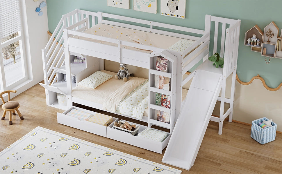 DESMIU Letto a Soppalco Bambino 1 Posto con Scivolo, Libreria, 2 Cassetti e Scala 90 × 200 cm Senza Materasso