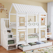 Letto a castello ULEVR 90x200 cm con 2 cassetti, scala con 4 vani e finestre, bianco e naturale