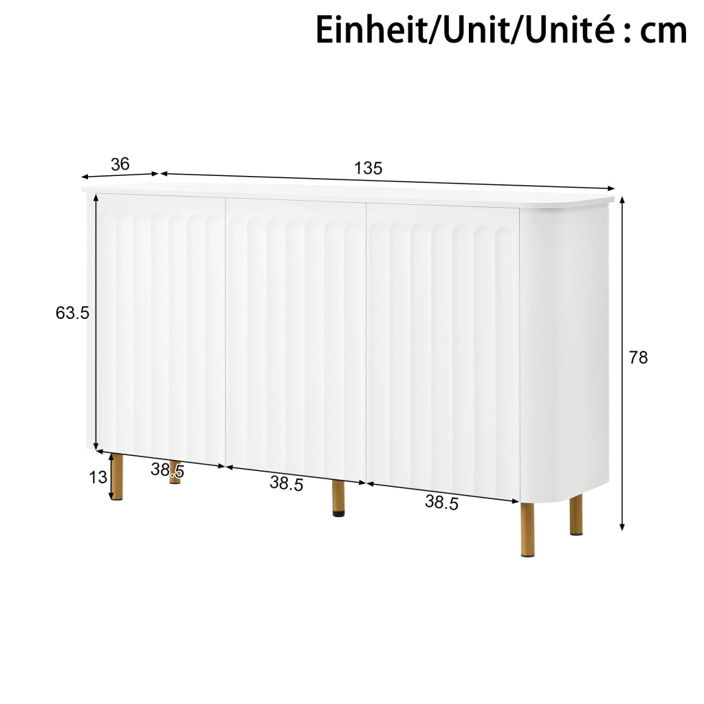 Sideboard 135x36x78 cm con 3 ante senza maniglie in MDF bianco