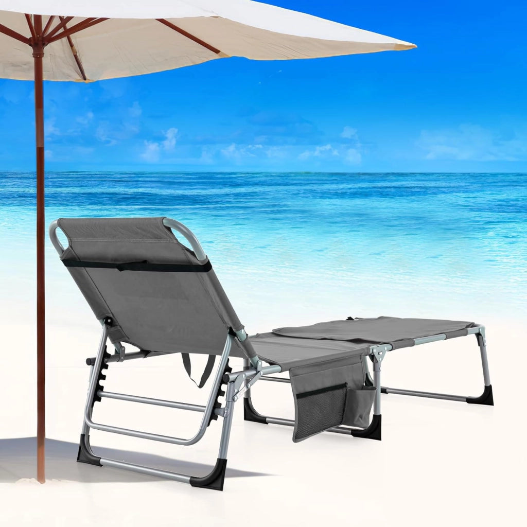 Lettino Pieghevole con Foro per Viso e Braccia, Cuscino Estraibile, Sedia a Sdraio con Schienale Regolabile in 5 Posizioni, Sdraio da Spiaggia con Tasca Laterale, Portato 180 kg (Grigio)