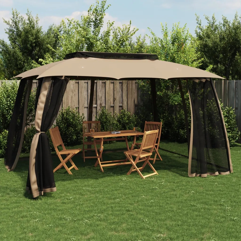Gazebo | Pergolato con Tetto Doppio/Pareti Rete Tortora 3,93x2,93 m Acciaio
