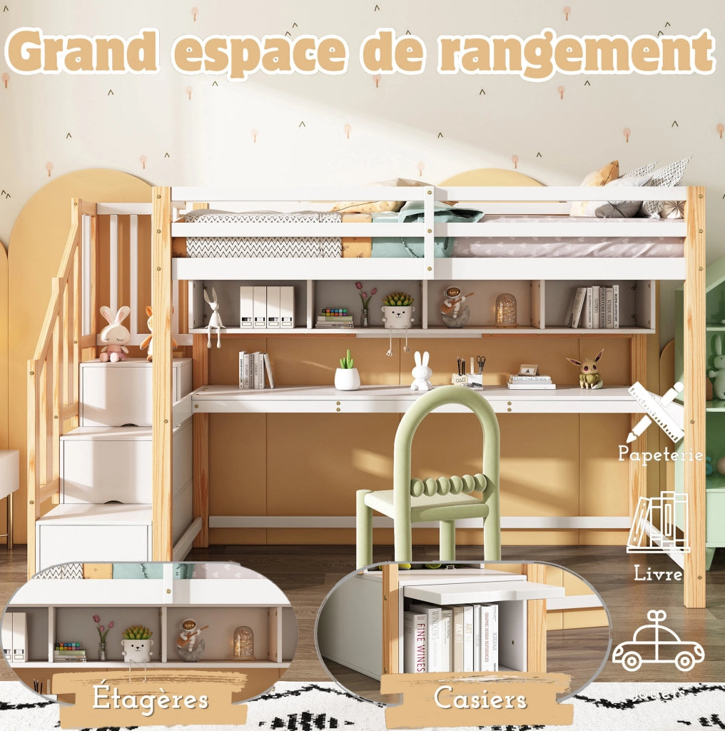 Letto a soppalco per bambini 90x200 cm con scrivania integrata e scala contenitore; bianco e rovere