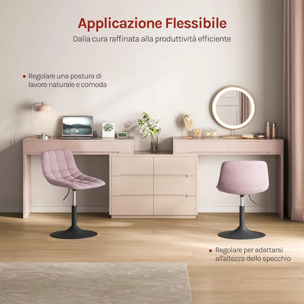 Sgabello da trucco Sedia Alta da Cucina sgabello cucina con Schienale Altezza Regolabile Girevole 360° in Velluto Rosa, 38-49.5cm, BH300rs-1