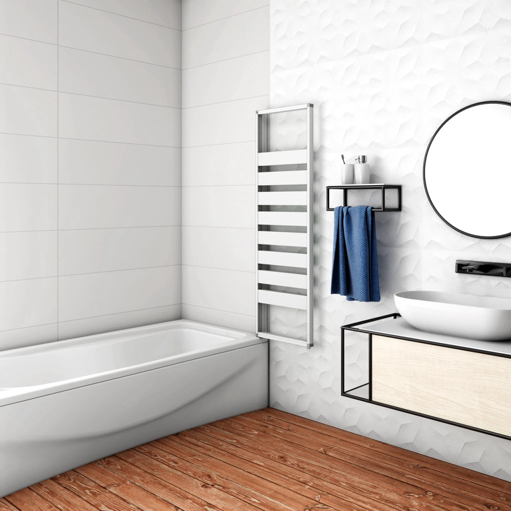 100x140 cm Parete Vasca da Bagno Doccia 3 Ante Pieghevoli a Libro Montaggio Verso Destro Vetro 4 mm Temperato Fasce Bianche Opache Telaio Argento Opaco