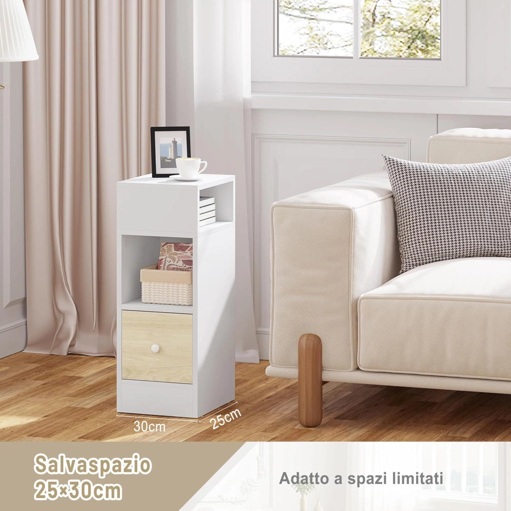 Set di 2 Comodino Stretto, Comodino con 2 Scomparti a Giorno e Cassetto, Tavolino da Notte 25x30x66cm, Mobile Salvaspazio per Camera da Letto, Soggiorno, in Truciolato, Rovere, 0011CTG-2-FL