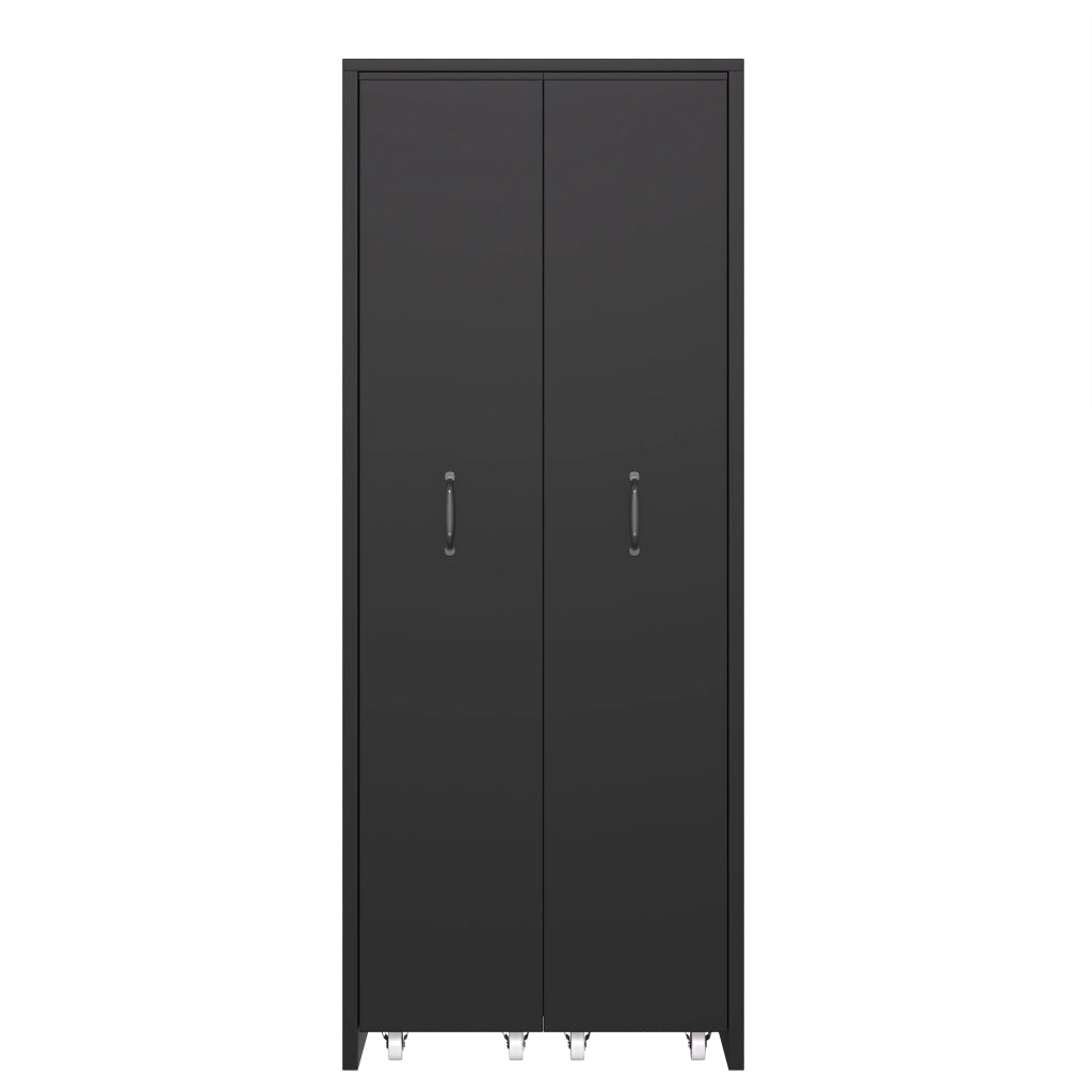 Libreria estensibile su ruote a 4 ripiani, MDF nero, moduli reversibili sinistra/destra, portata 20 kg per ripiano