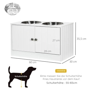 MANGIATOIA rialzata per cani 60x30x35,5 cm legno bianco con 2 ciotole