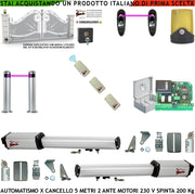 Cancello Elettrico 5 Metri 2 Ante da 2,5 MT Kit Motori Elettromeccanici 230V Sblocco Corsa 300mm Spinta 2 Q.li Staffe 3 Radiocomandi 2 Coppie Fotocellule 2 Paline Selettore 2 Ck Faro Cartello Monitore