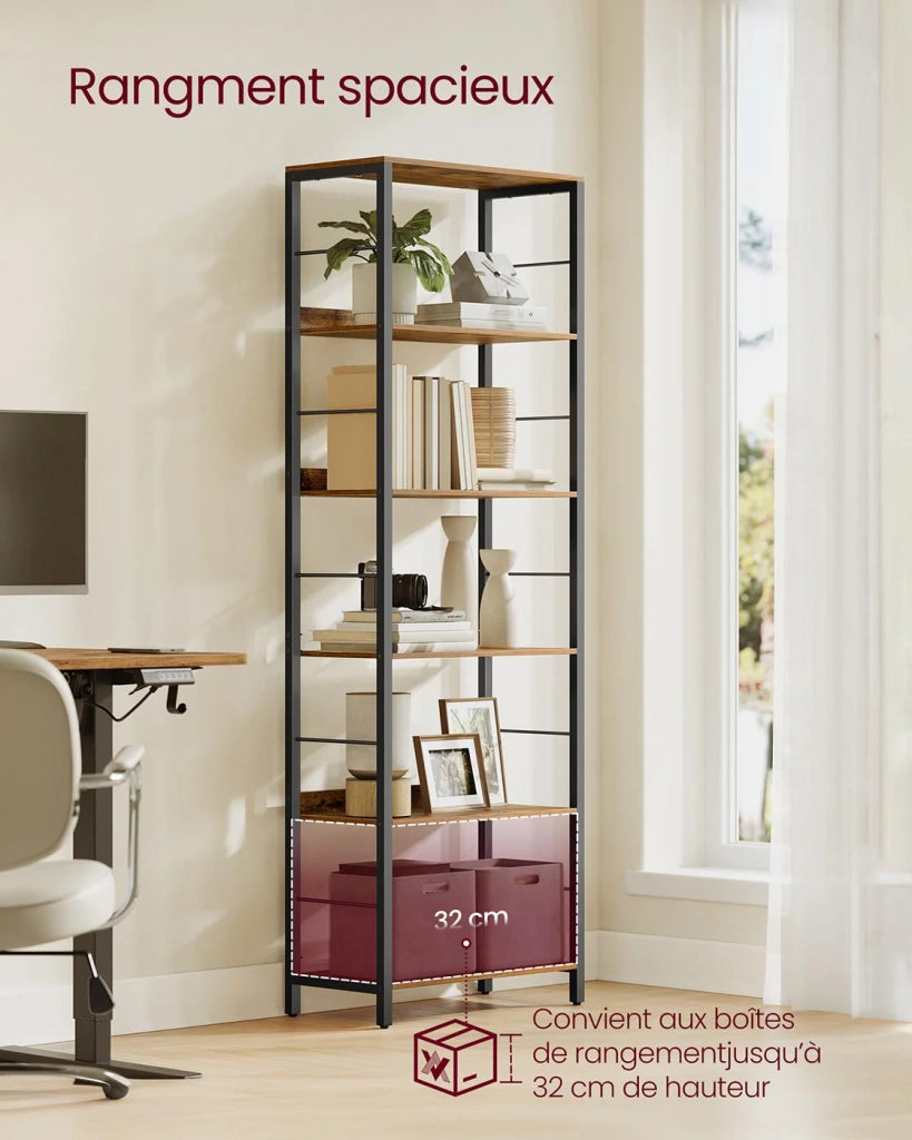 Libreria a 6 ripiani con pannelli posteriori in stile industriale per soggiorno studio ufficio marrone 12_0005806